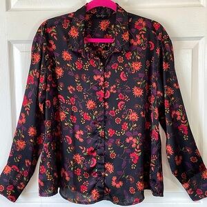 Jessica Simpson Dark Floral Satin Button Down Blouse Large